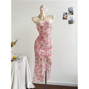 Soleia Resort Pale Yellow Ruched Bandeau Asymmetrical A-Line Long Dress